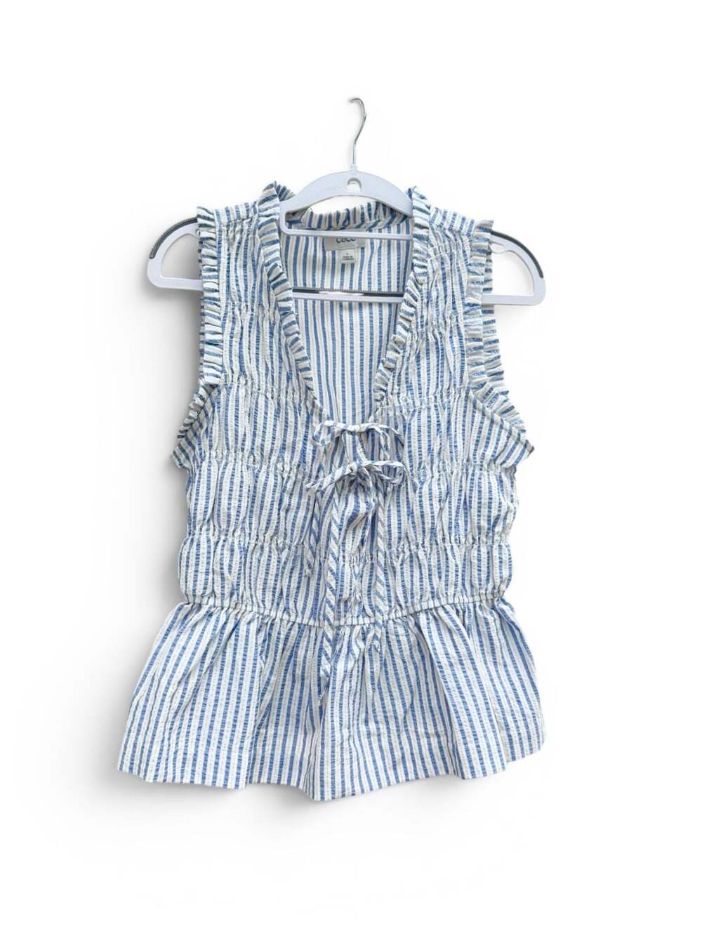 CeCe Blue and White Striped Sleeveless Ruffle Peplum Top Size S